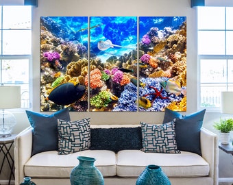 Fish canvas art Underwater life wall art Сorals reef wall decor Сolorful fish poster Tropical fish art canvas