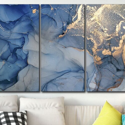 Pink and Blue and Yellow gold Marble Wall Art Abstract Etsy