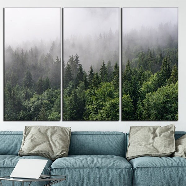 Morning fog over mountains wall art Misty forest wall art Forest canvas wall art Foggy Evergreen forest wall art canvas