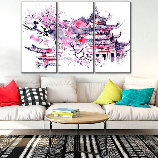 Japanese illustration art Cherry blossom pink canvas Japanese canvas wall art Japan style print Asian art canvas Japan Cherry tree blossom