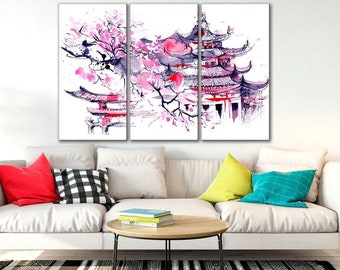 Japanese illustration art Cherry blossom pink canvas Japanese canvas wall art Japan style print Asian art canvas Japan Cherry tree blossom