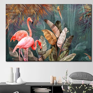 Flamingo wall art canvas Birds in jungle canvas print Trendy earth tone wall art Animals artwork Pink couple flamingo Boho style