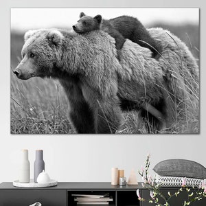 Bear and baby canvas wall art Bear cub livingroom wall decor Brown bear Funny animal wall art Kids room art Baby animal black white print