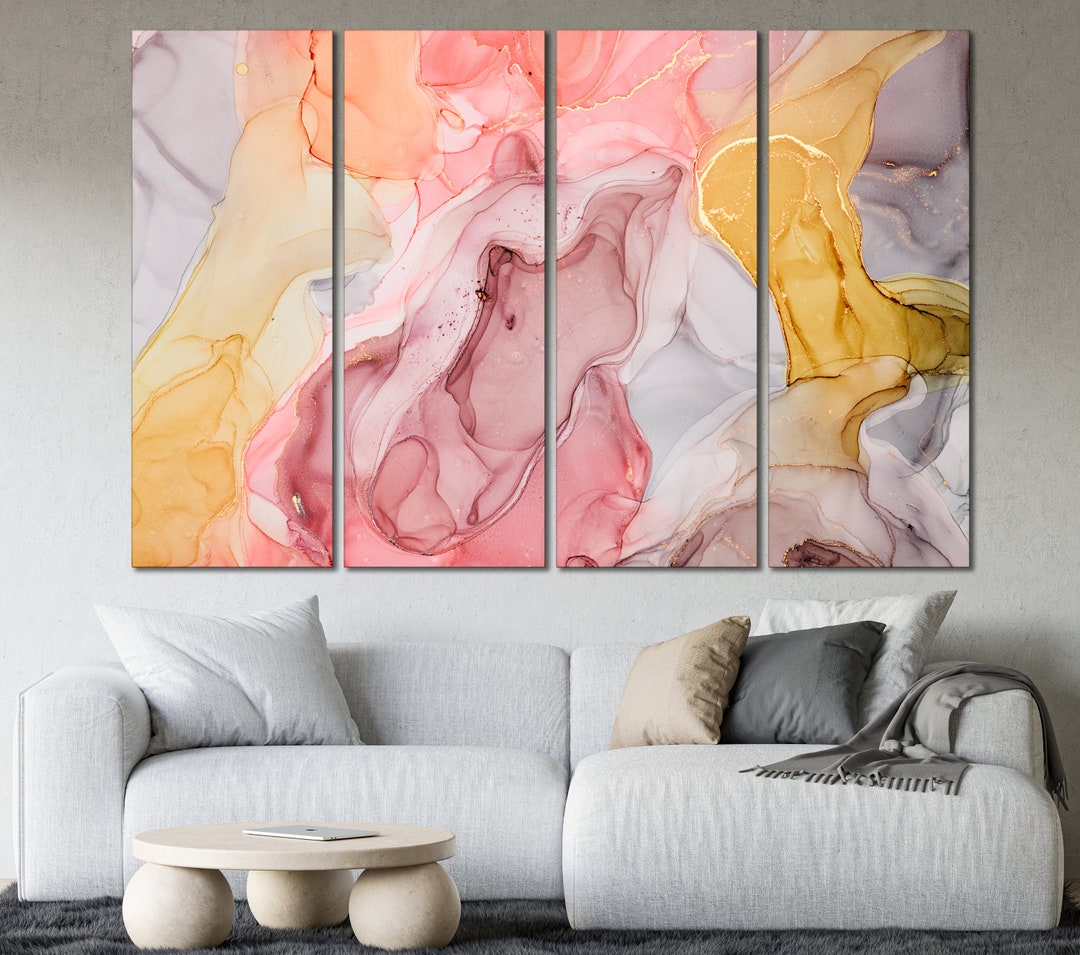 Abstract Canvas Wall Art Pink and Gold (yellow) Wall Decor Marbling ...