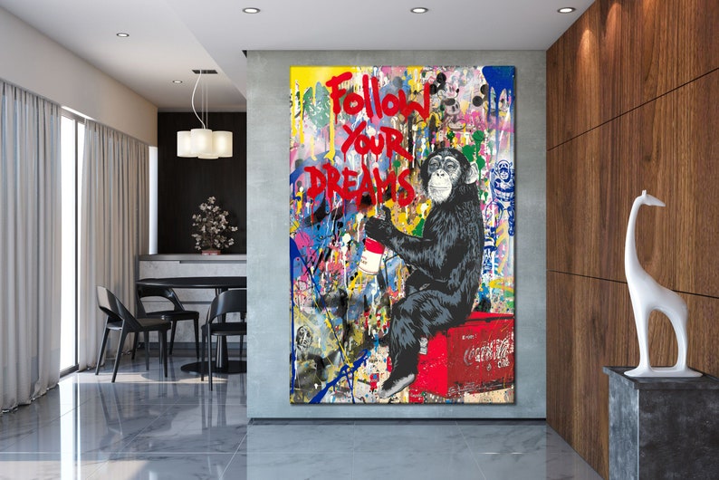 Follow your dreams canvas art Graffiti canvas wall art Monkey graffiti wall art Banksy style graffiti art Urban art Сontemporary wall art 