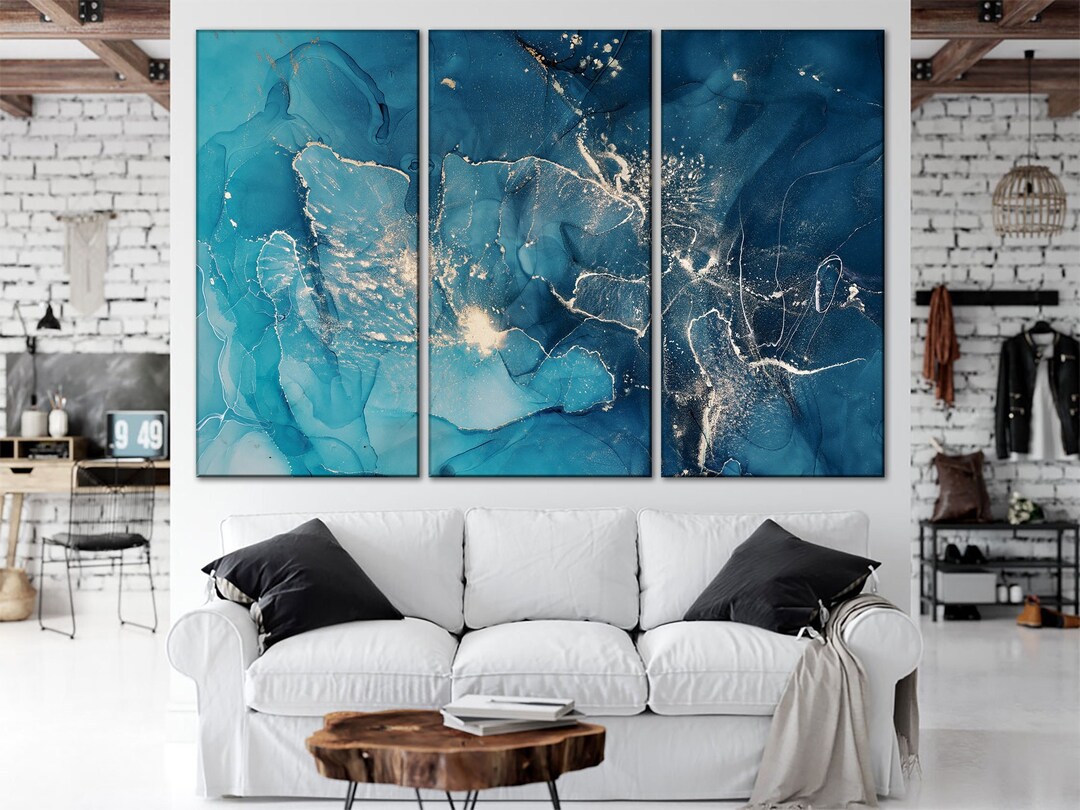 Teal Marble Canvas Print Blue and Silver Marble Wall Art Abstract