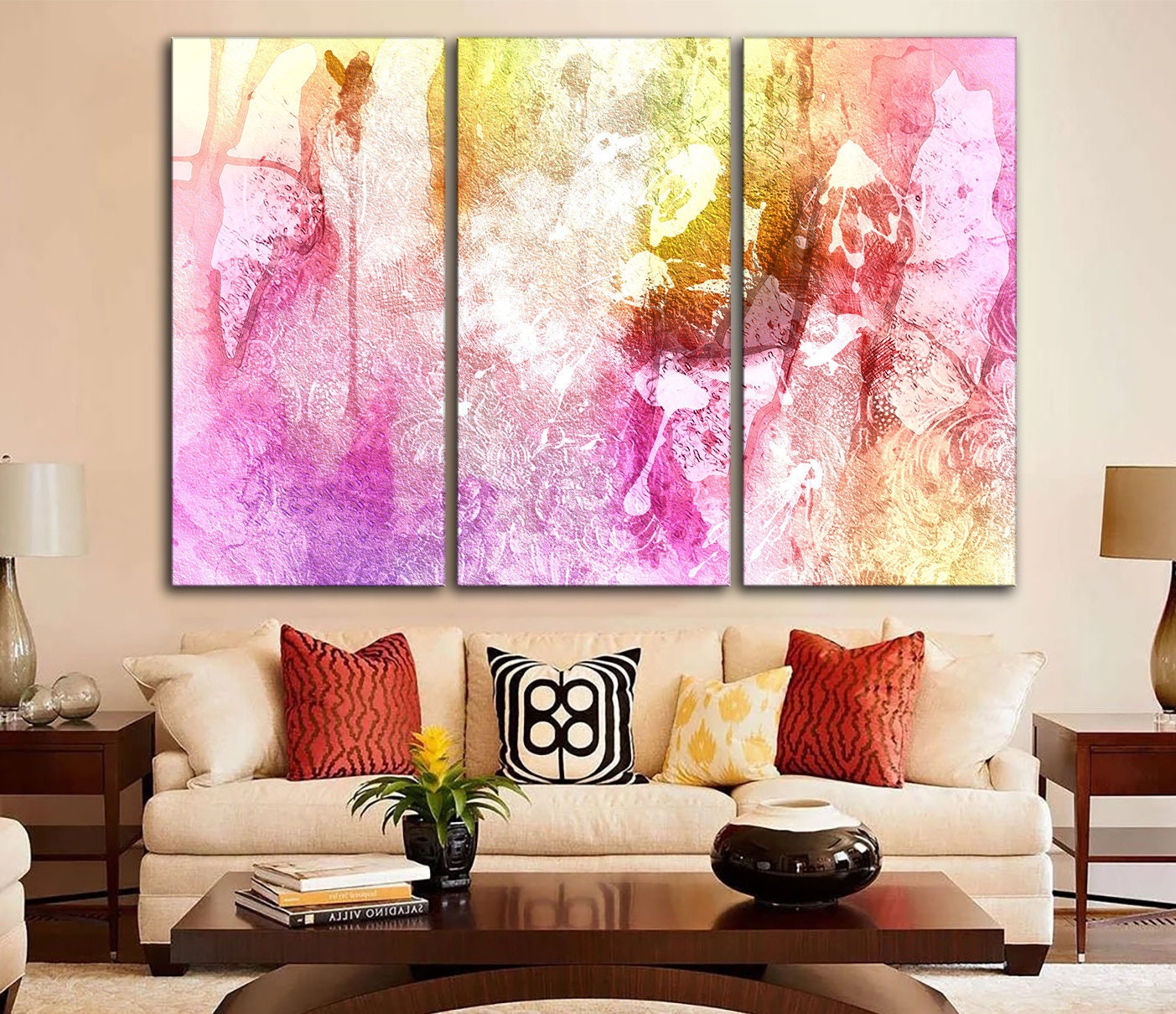 Abstract canvas wall art Pink and yellow wall decor Abstract Etsy