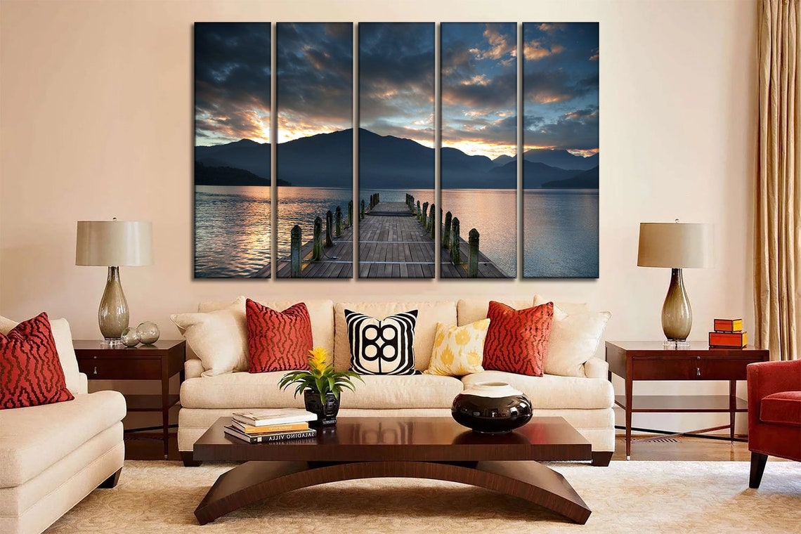 Cloudy Lake Wall Art Sunset Dock Canvas Cloudy Mountain Canvas Art ...