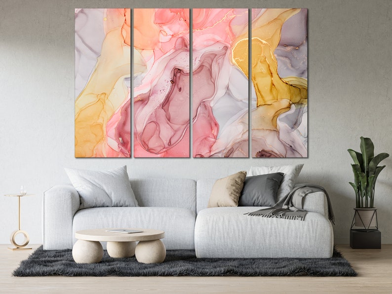 Abstract Canvas Wall Art Pink and Gold (yellow) Wall Decor Marbling ...