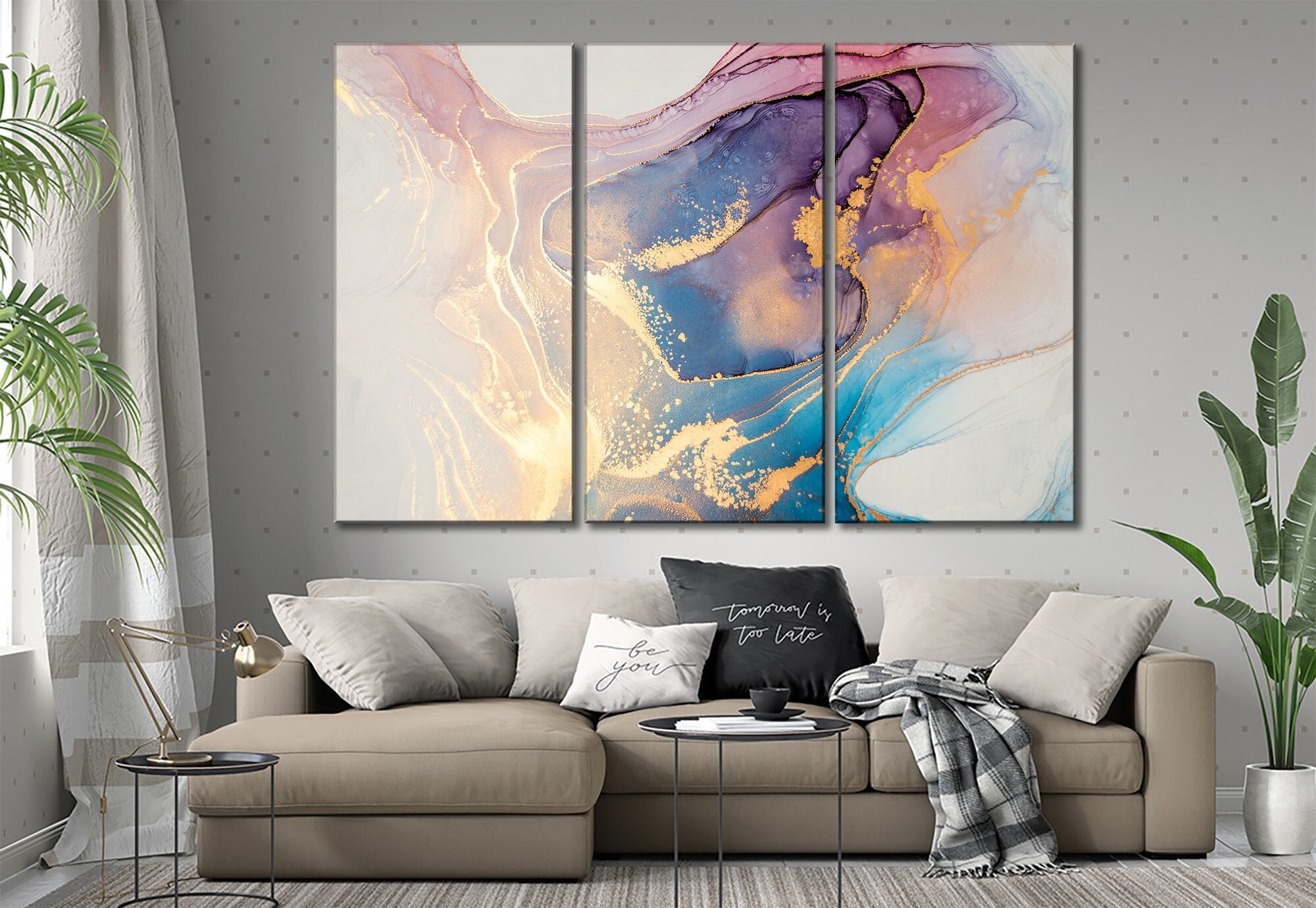 Abstract Canvas Wall Art Blue and Gold (yellow) Marble Wall Art Pink ...