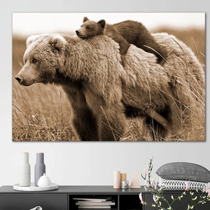 Bear and baby sepia canvas print art Bear cub livingroom wall decor Brown bear Funny animal wall art Kids room art