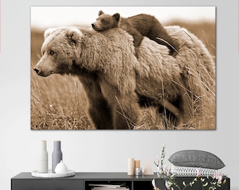 Bear and baby sepia canvas print art Bear cub livingroom wall decor Brown bear Funny animal wall art Kids room art