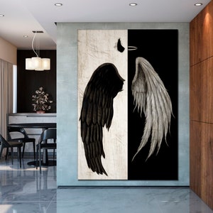 Angel and demon canvas art Angel Wings wall art Graffiti canvas wall art Black white canvas Urban art Yin Yang