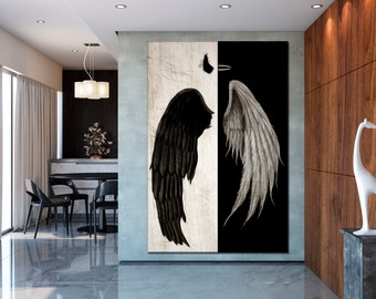 Angel and demon canvas art Angel Wings wall art Graffiti canvas wall art Black white canvas Urban art Yin Yang