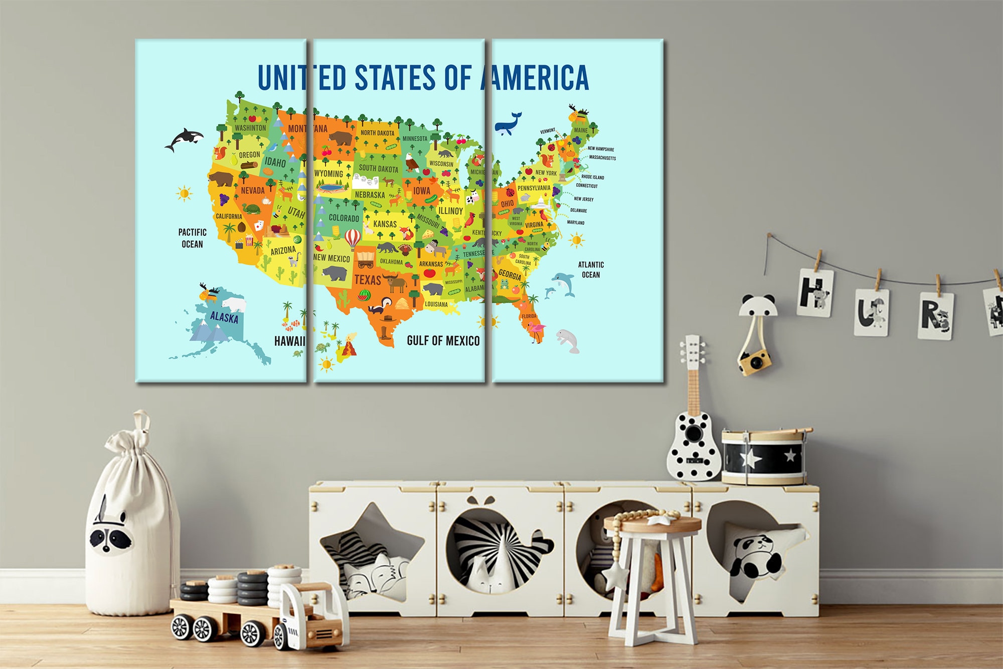 Usa Map Wall Art Usa Map For Children Wall Decor Child Us Map Etsy