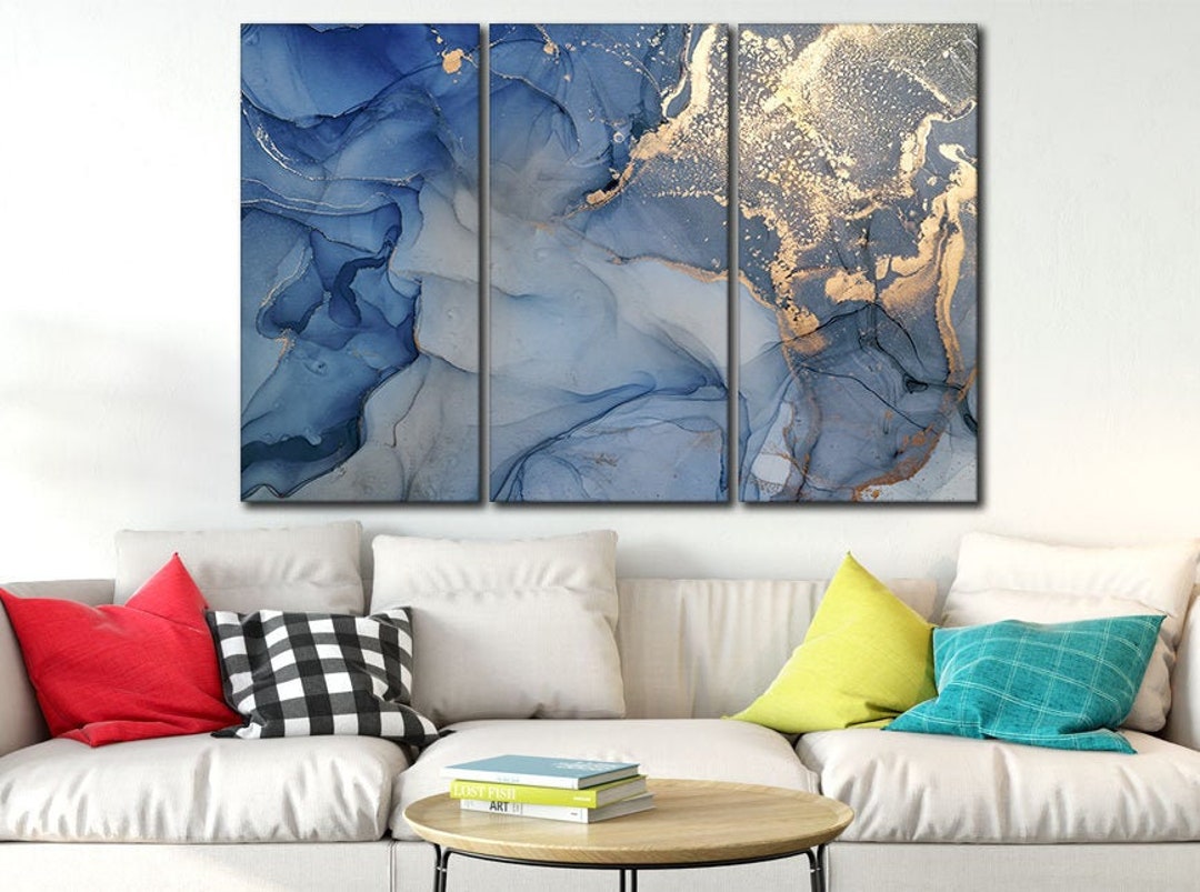 Navy Blue and Yellow gold Marble Wall Art Abstract Canvas - Etsy