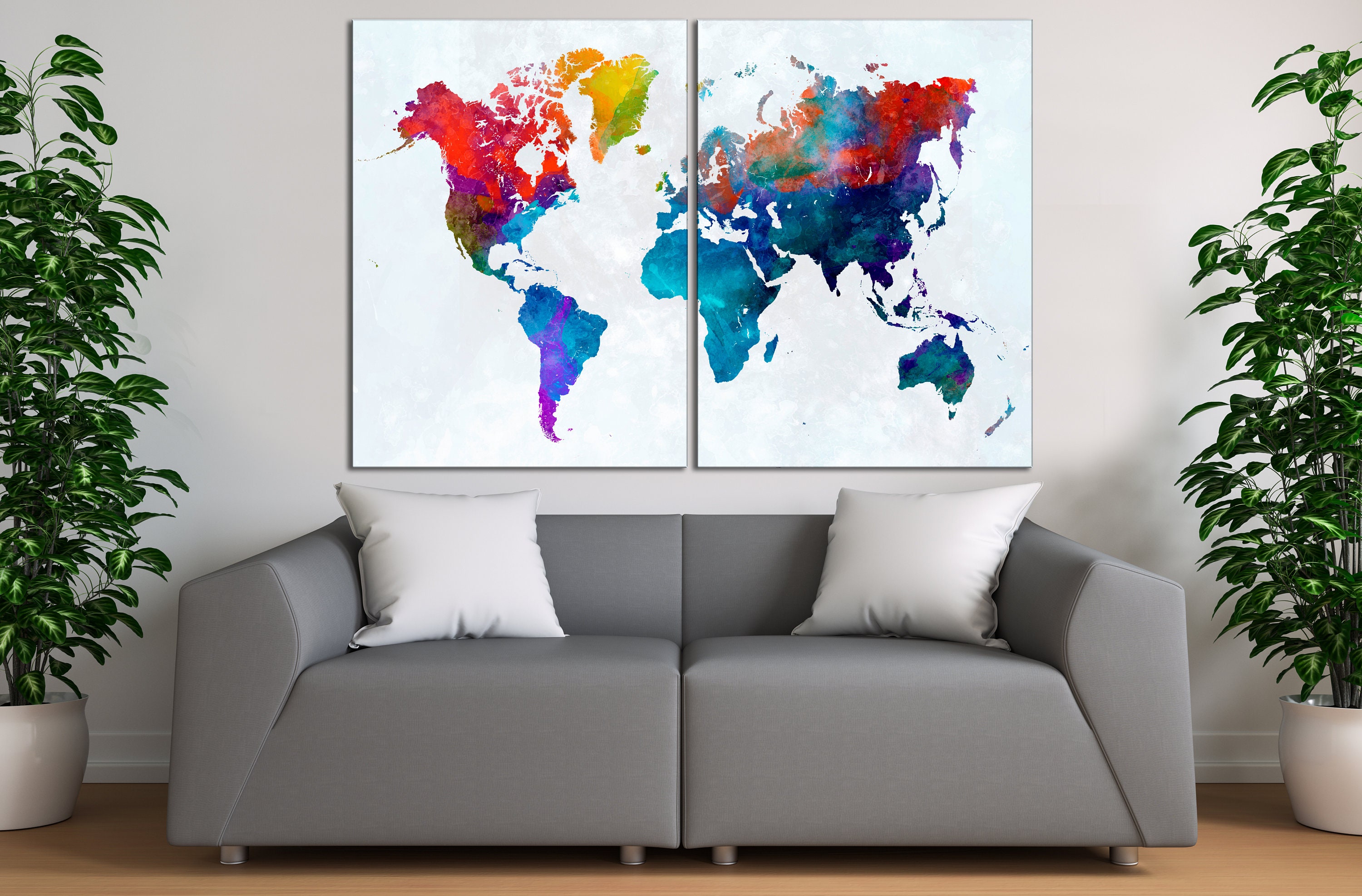 World Map Canvas Wall Art Colorful Map Wall Decor Extra Large Etsy