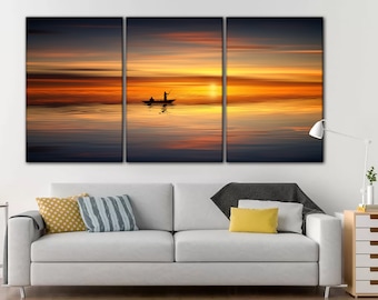 Оcean wall art Ocean sunrise canvas Abstract canvas wall art Sailing boat print 3 panel ocean wall art Printable wall art ocean sunset