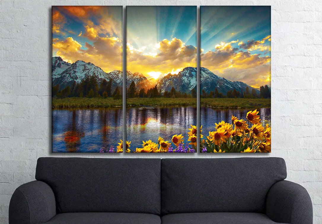 Grand Teton wall art Mountains canvas art Mountain sunset Etsy