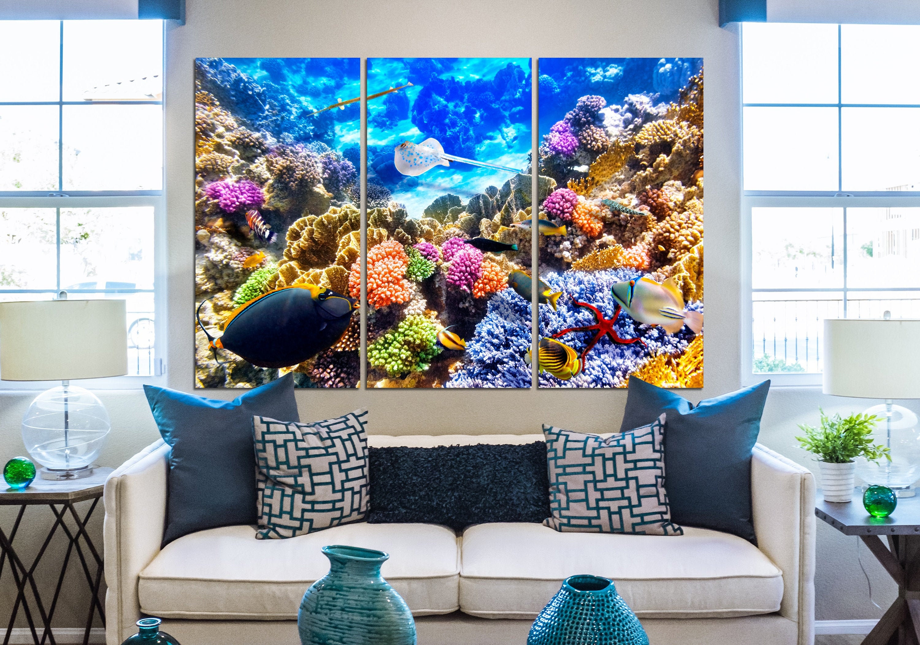 Fish canvas art Underwater life wall art Сorals reef wall Etsy