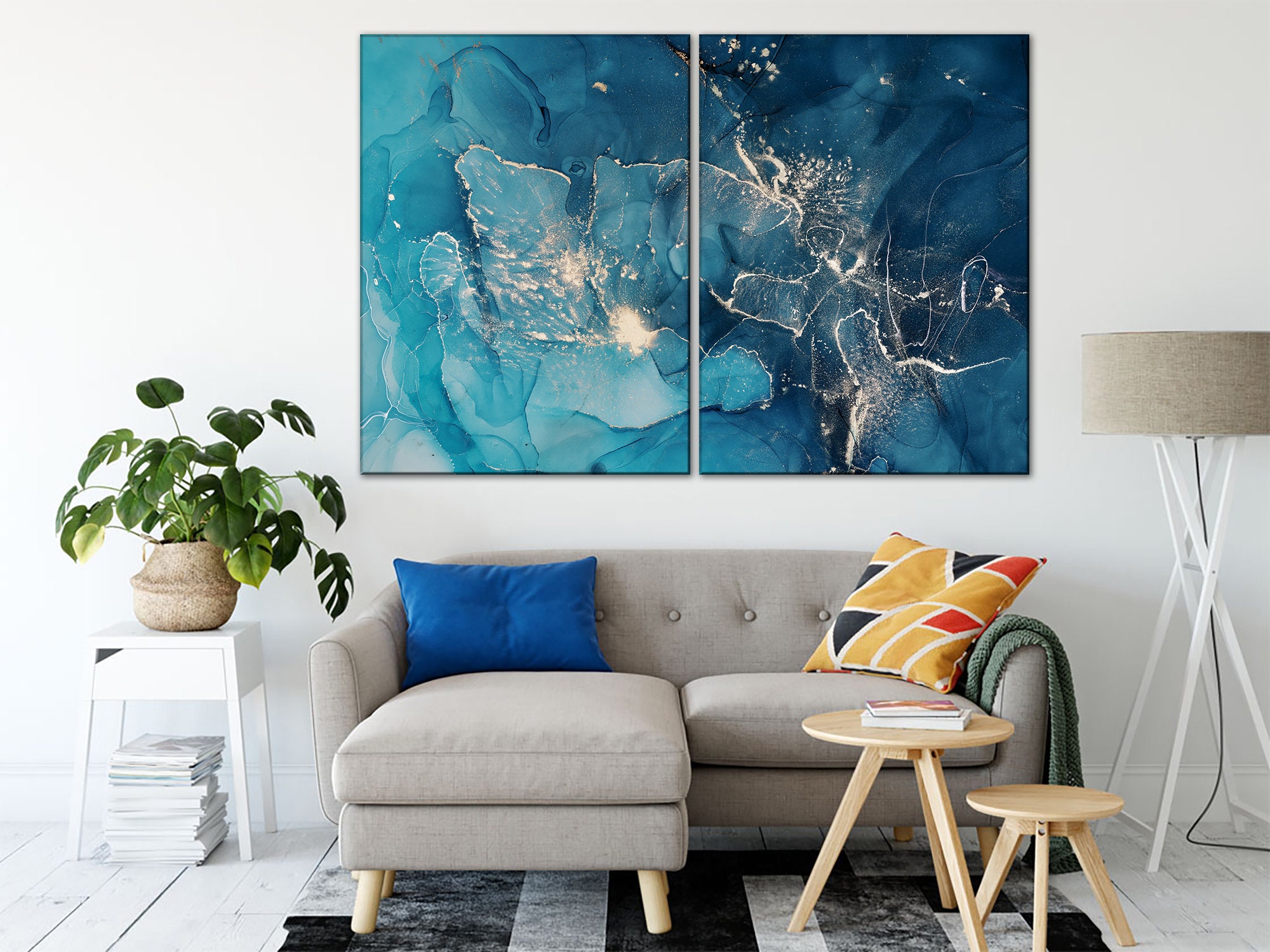 Teal Marble Canvas Print Blue and Silver Marble Wall Art Etsy