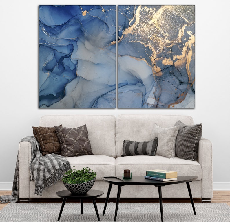 Navy Blue and Yellow gold Marble Wall Art Abstract Canvas Etsy