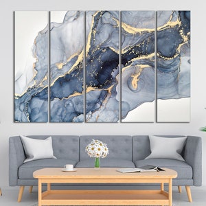 Marble wall art Navy blue marble canvas Abstract canvas wall art Blue and yellow (gold) marble wall art Alcohol ink canvas print
