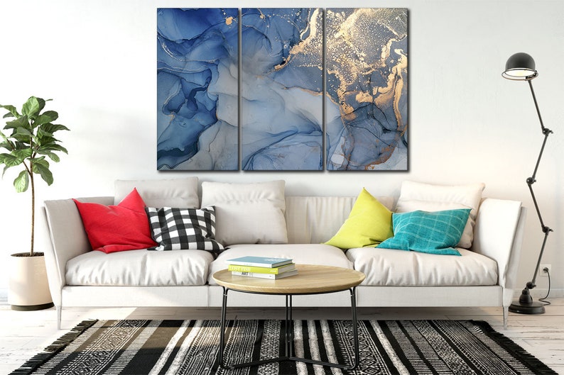 Navy Blue and Yellow gold Marble Wall Art Abstract Canvas Etsy