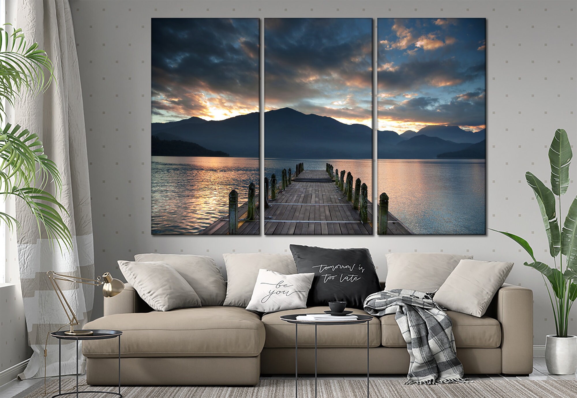 Cloudy lake wall art Sunset dock canvas Cloudy mountain canvas | Etsy