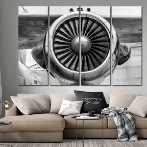 Airplane canvas wall art Turbine canvas print Aircraft wall canvas Aviation wall art Black and white Engine canvas