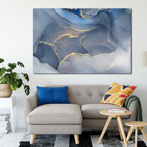 Navy Blue and Yellow gold Marble Wall Art Abstract Canvas Etsy
