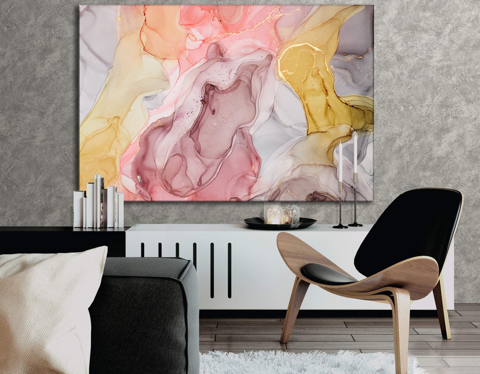 Abstract Canvas Wall Art Pink and Gold (yellow) Wall Decor Marbling ...