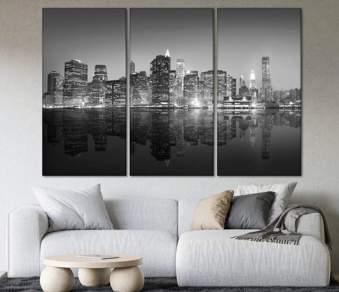 New York Black White Wall Art New York Skyline Night City Canvas ...