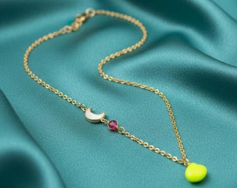 Handmade in Hawaii, neon and pearl shell necklace with pink stone, unique and original charm, only one piece. 18 inches long.