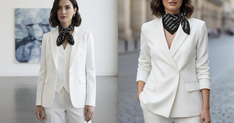 May include: A white suit with a matching vest and pants. The suit is paired with a black and white patterned scarf. The image shows a woman wearing the suit in a studio setting and outdoors.