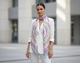 100% Silk Habotai Scarf High Quality, Hand-Designed Colorful Pattern, Soft Draping Accessory