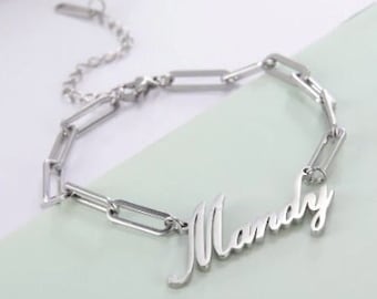 Custom Paperclip Name Bracelet, 925 Sterling Silver Paperclip Chain Name Bracelet, Christmas Gift Name Bracelet, Birthday Gift for Wife