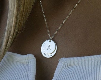Custom Engraved Initial and Date Necklace, Engraved Disc Necklace, Initial and Birthdate Necklace, Personalized Necklace, Birthday Gift