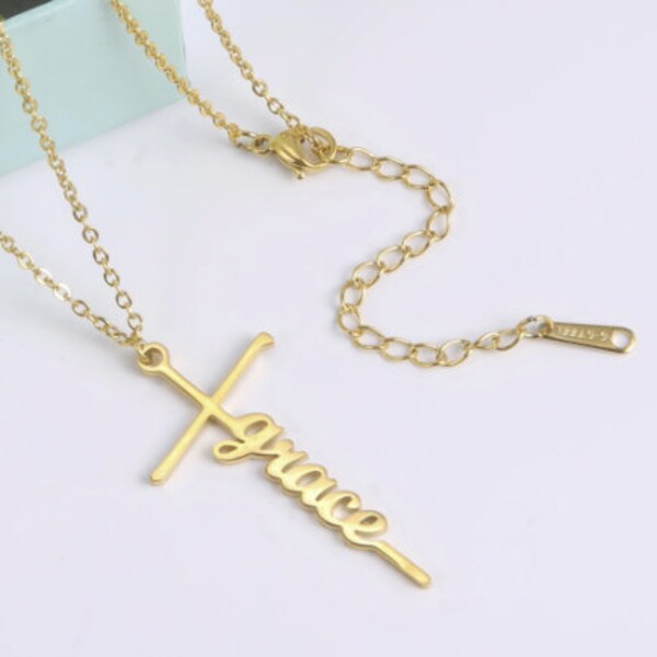 Collier Grace Cross personnalisé, collier cadeaux religieux, collier de nom de croix, collier pendentif en argent sterling 925, cadeaux chrétiens
