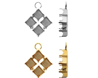 Ganci con basi in metallo in ottone - Per incastonare 4499 Pietre fantasia quadrate prismatiche Cristalli 6 mm - Placcato oro, colore argento - 1 pezzo