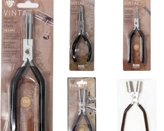 May include: Five different types of metal shaping pliers for jewelry making. The pliers are packaged in clear plastic on a brown background with the brand name "Bead Smith" printed on the packaging. The pliers are labeled "Vinta" and are available in different sizes.