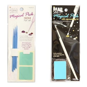 May include: A set of three blue bead pick tools with a turquoise adhesive strip for rejuvenating the tools. The packaging has the text "The Bead Smith Magical Pick Mini 3-pc. set".