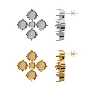 May include: Two pairs of earring settings, one in silver and one in gold. Each setting has four round bezels for stones and a post with a butterfly back.