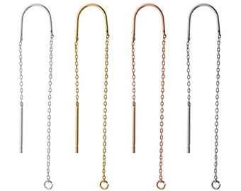 May include: Four pairs of earrings with a simple, minimalist design. Each earring features a curved bar with a dangling chain and a small, straight bar at the bottom. The earrings are available in silver, gold, rose gold, and black.