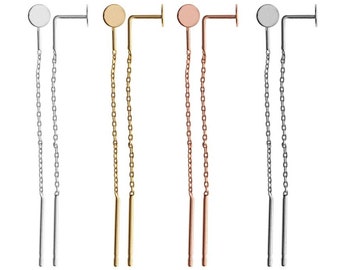 May include: Three pairs of dangle earrings with a small round disc at the top and a long chain that ends in a thin bar. The earrings are available in silver, gold, and rose gold.