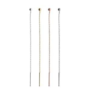 May include: Four long chain earrings with a small ball at the top and a straight bar at the bottom. The earrings are available in silver, gold, rose gold, and black.