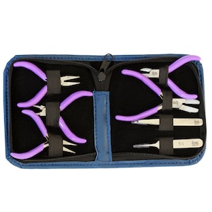 May include: A blue zippered case with a black interior holds a set of eight purple-handled pliers and two tweezers. The pliers are arranged in two rows of four, with the tweezers at the bottom. The case is made of a soft, durable material and is perfect for storing and transporting your jewelry making tools.