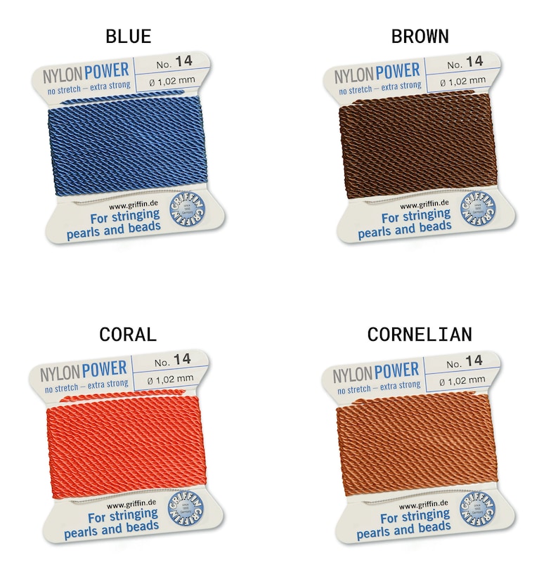 May include: Four spools of nylon power string for stringing pearls and beads. The colors are blue, brown, coral, and carnelian. Each spool is labeled with the brand name, "Nylon Power", the size, "No. 14", and the thickness, "0 1,02 mm".