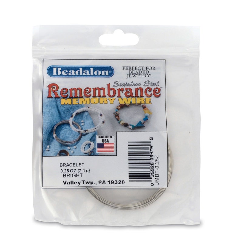 May include: A package of Beadalon Remembrance Memory Wire, stainless steel, 0.25 oz (7.1 g), bright, made in the USA.  The package shows a close-up of the wire and a few examples of bracelets made with the wire.