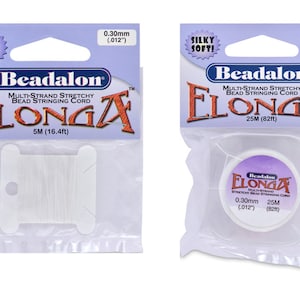 May include: Two packs of white Beadalon Elonga Multi-Strand Stretchy Bead Stringing Cord. The pack on the left contains 5 metres (16.4 feet) of cord. The pack on the right contains 25 metres (82 feet) of cord. Both packs have a 0.30mm (.012") diameter.